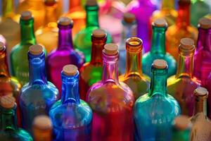 Vibrant collection of colorful glass bottles photo