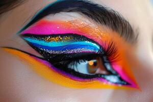 Closeup of artistic eye makeup with bright, bold colors and sparkling details photo