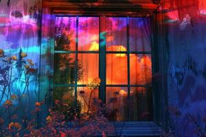 Surreal sunset view through a colorful window photo