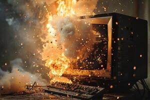 Dramatic image of a desktop computer burst into flames, depicting technology failure photo