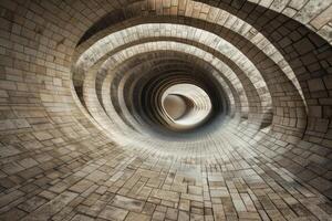Perspective view of a swirling brick tunnel structure with a hypnotic pattern photo