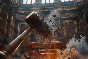 Digital art of a gavel striking in court with a shattering effect, symbolizing broken justice photo