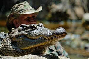 Closeup of a crocodile with a camouflaged man in the background, blending with nature photo