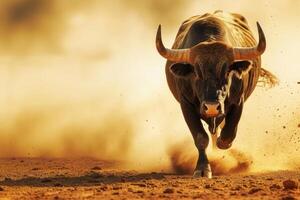 Charging bull in dusty arena photo