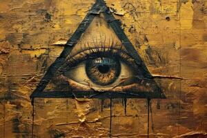 Mysterious eye within triangle on golden texture photo