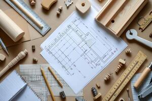 Architectural blueprint with tools on worktable photo