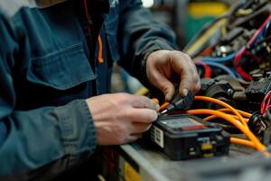 Close-up of a technician's hands using a multimeter on a vehicle's electrical system photo