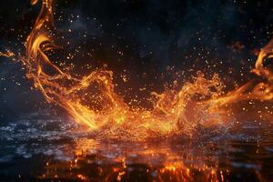 Fiery liquid splash on dark background photo