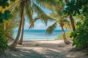 Tranquil Beach with palm trees. Generate Ai photo