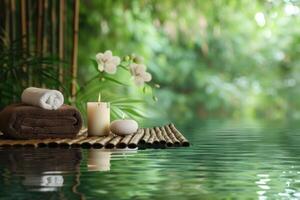 Exotic Spa setting near pool on bamboo with oil bottle. Generate Ai photo