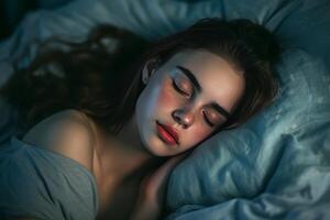 Restful Young beautiful woman sleeping in bed at home. Generate Ai photo