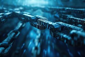 Abstract image depicting advanced blockchain technology with glowing blue chains photo