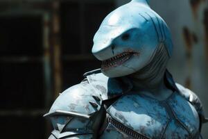 Futuristic shark character in armor suit photo