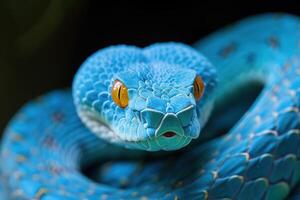 sorprendentes macro Disparo de un azul víbora con detallado escamas y cautivador naranja ojos foto