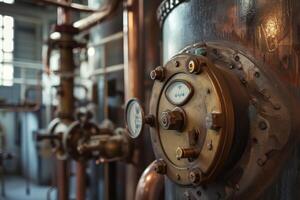 Detailed view of a classic industrial boiler with gauges in a rustic setting photo