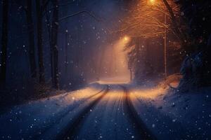 Mesmerizing snowy road illuminated by warm street lights in a tranquil forest setting photo