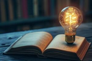 Glowing light bulb on open book photo