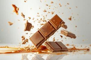 High-speed capture of chocolate bar explosion with flying pieces on a light backdrop photo