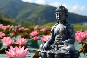 Serene buddha statue amidst lotus flowers photo