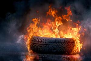 Engulfed tire in flames on pavement photo