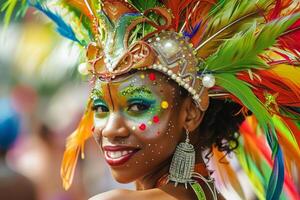 Closeup of a smiling woman adorned with colorful feathers and glitter at a festive carnival event photo