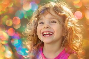 Joyful child laughing with colorful bokeh background photo