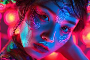 Futuristic neon portrait with abstract makeup photo