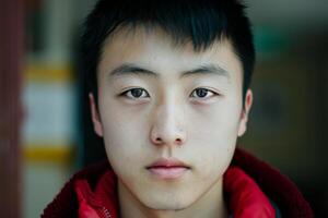 Portrait of a young asian man with a neutral expression photo
