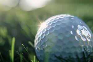 Closeup of golf ball on grass at dawn photo