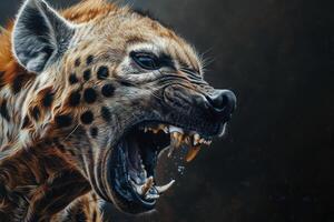 Closeup of intense snarling hyena on a dark, moody background photo