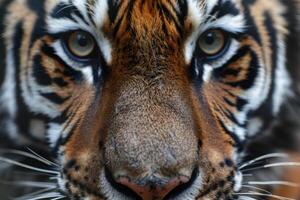 Detailed closeup of a tiger's face, capturing its captivating eyes and patterns photo
