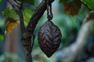 Hanging cocoa pod on tree branch photo