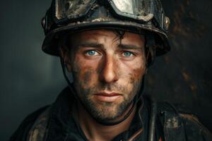 Exhausted and dirty male firefighter in close up portrait photo