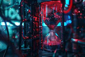 Hightech hourglass set against a backdrop of neonlit computer hardware, symbolizing time and technology photo