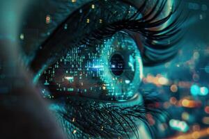 Digital vision concept with code reflection in eye photo