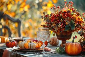 Autumn harvest table setting with festive decor photo