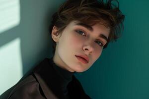Close-up of a young person with a serene expression bathed in soft shadow and light photo