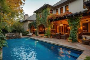 Sunlit Patio with swim pool. Generate Ai photo