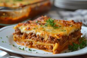 Cheesy Beef lasagne food. Generate Ai photo