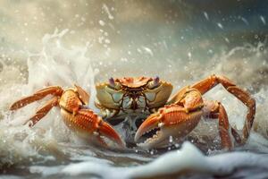 Aquatic Big crab baby walking on sea waves. Generate AI photo
