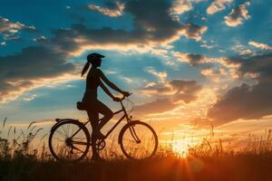 Serene Biking woman sunset. Generate Ai photo