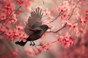 Delicate Bird branch flower color. Generate Ai photo