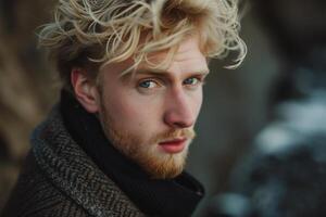 Handsome blond man in winter attire looking thoughtful photo