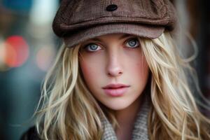 Stylish woman in urban setting with captivating gaze photo