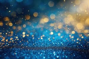 Abstract sparkling blue and gold bokeh lights for festive backdrop photo
