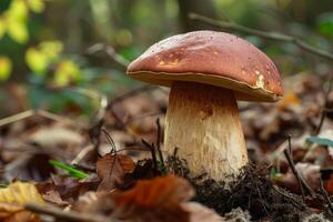 Majestic porcini mushroom in forest setting photo