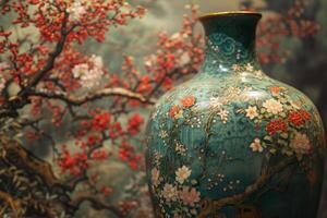 Antique vase with floral patterns and autumn berries photo