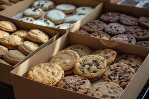 Variety of freshly baked cookies displayed in open cardboard boxes photo