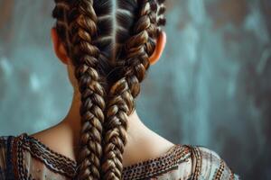 Close-up of a woman's back showcasing complex double braids against a soft-focus background photo