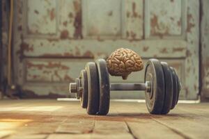 Brain training concept with dumbbell and brain model photo
